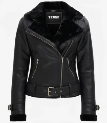 Women's Black Asymmetrical Shearling Leather Jacket