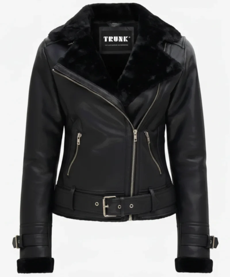 Women's Black Asymmetrical Shearling Leather Jacket