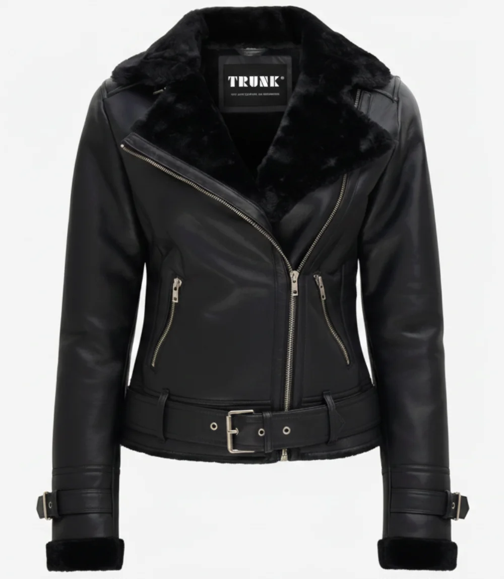 Women's Black Asymmetrical Shearling Leather Jacket, image size:1000x1150