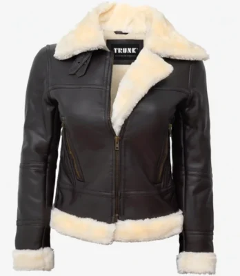 Women's Dark Brown Shearling Leather Bomber Jacket