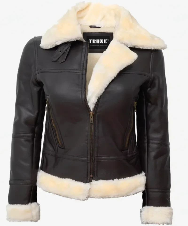 Women's Dark Brown Shearling Leather Bomber Jacket