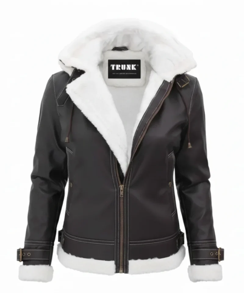 Women's Bomber Shearling Leather Jacket with Removable Hood