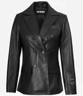 Women's Notch Lapel Collar Double Breasted Black Leather Blazer