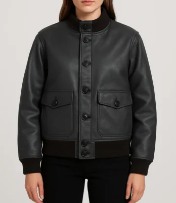 Women’s Juniper Black A-1 Lambskin Leather Bomber Jacket