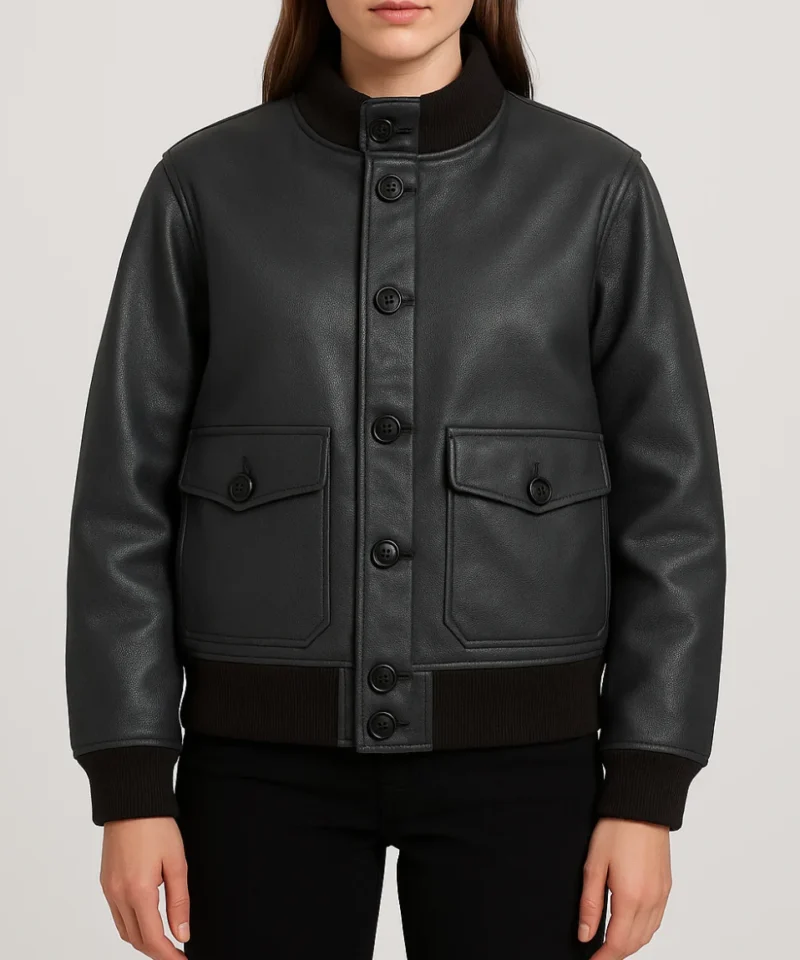 Women’s Juniper Black A-1 Lambskin Leather Bomber Jacket