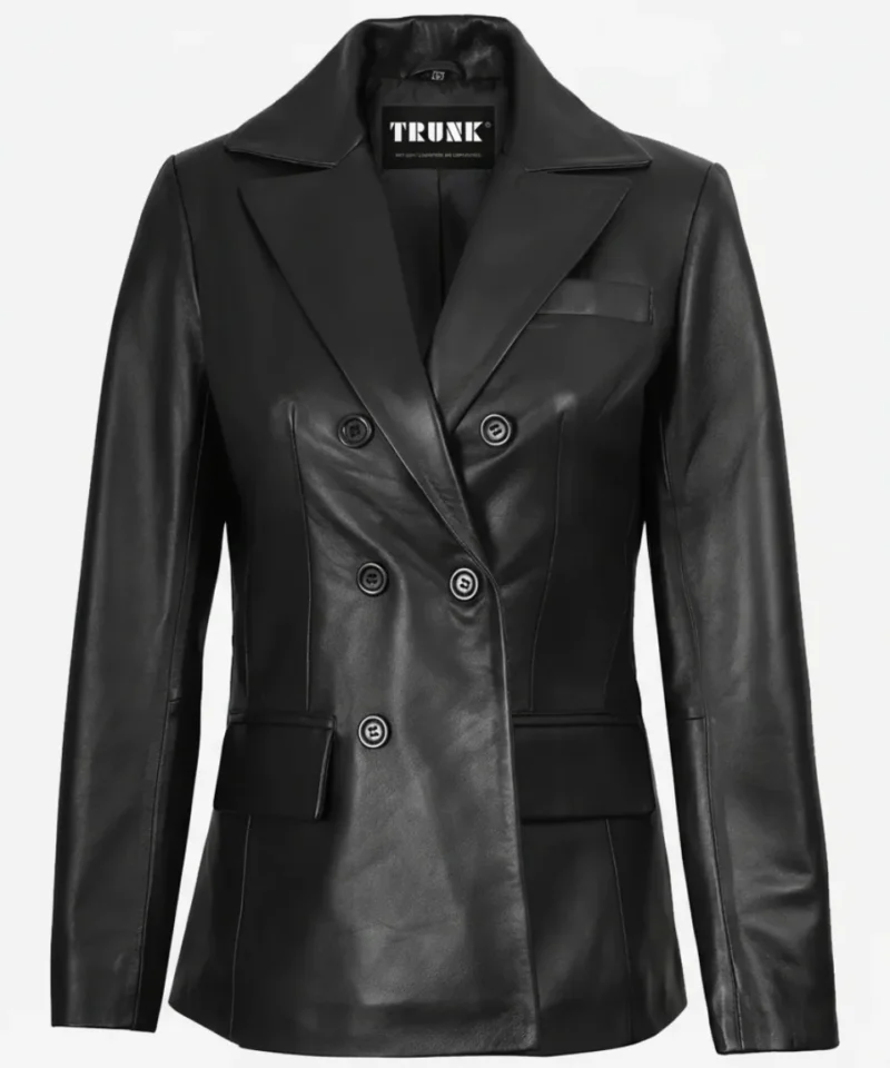 Women's Notch Lapel Collar Double Breasted Black Leather Blazer