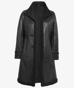 Women's 3/4 Length Black Leather Shearling Coat
