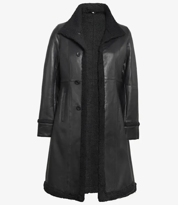 Women's 3/4 Length Black Leather Shearling Coat