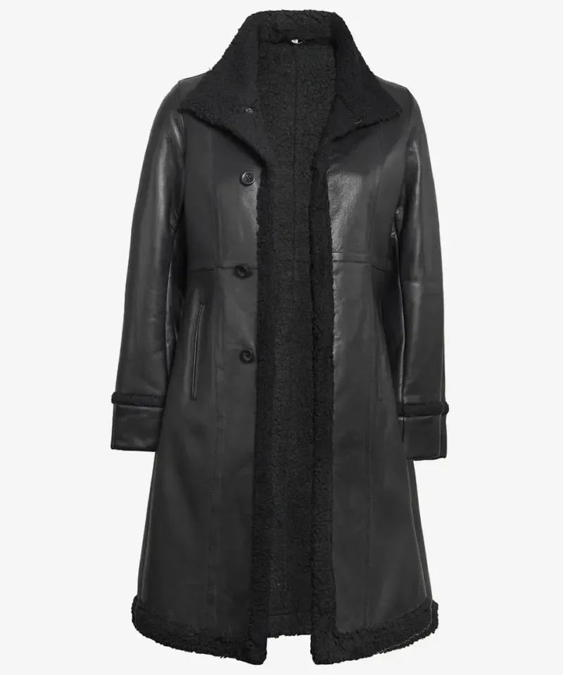 Women's 3/4 Length Black Leather Shearling Coat
