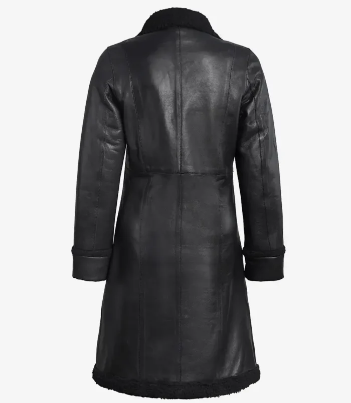 Women's 3/4 Length Black Leather Shearling Coat