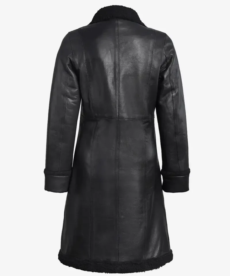 Women's 3/4 Length Black Leather Shearling Coat