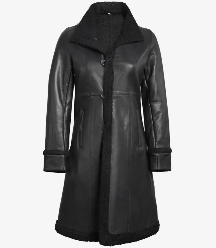 Women's Black 3/4 Length Leather Shearling Coat