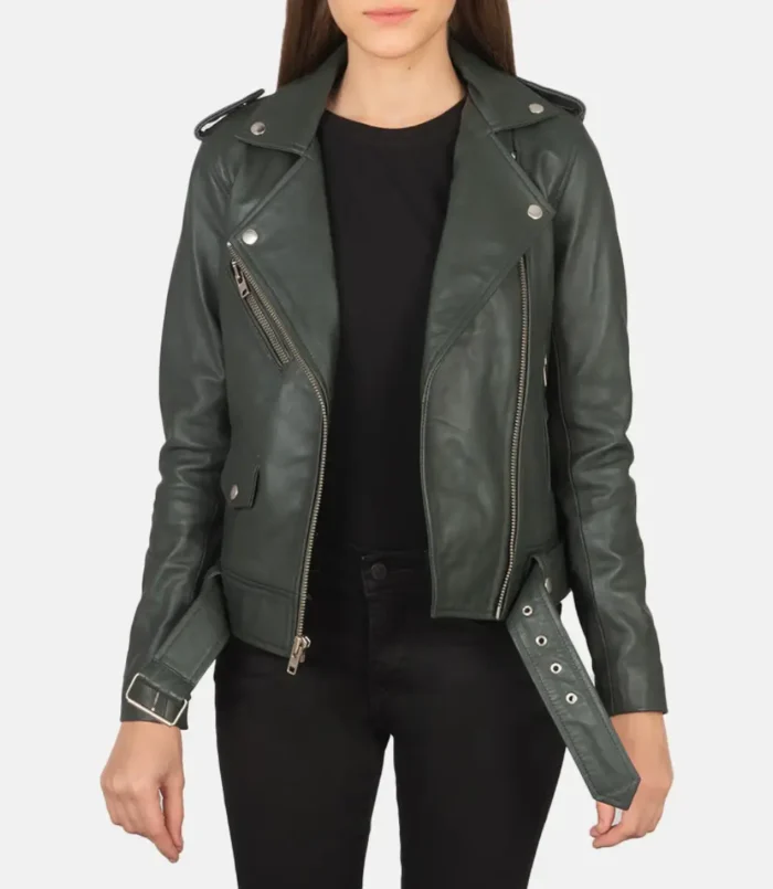 Women's Alison Green Leather Biker Jacket