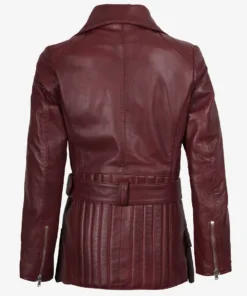 Women's Asymmetrical Maroon Belted Biker Style Leather Jacket