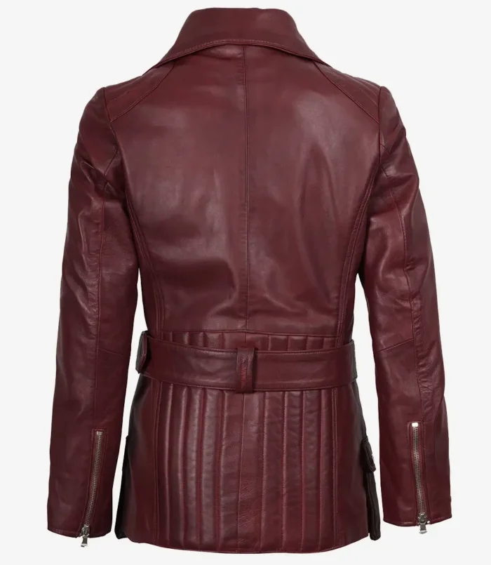 Women's Asymmetrical Maroon Belted Biker Style Leather Jacket