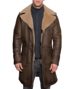 Men’s B3 aviator Sheepskin Shearling Leather Trench Brown Coat