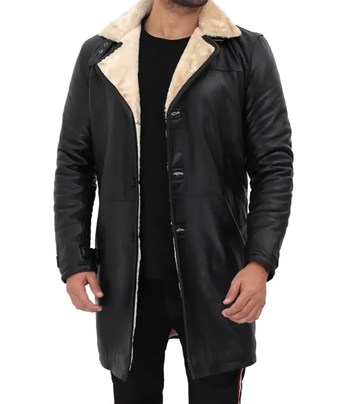 Men Beige Black Leather Shearling Coat