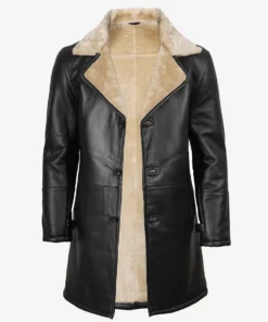 Men's Black 3/4 Length Shearling Leather Coat