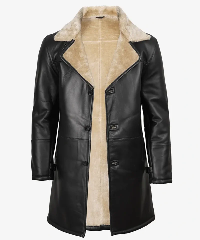 Men's Black 3/4 Length Shearling Leather Coat