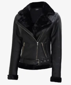 Women's Black Asymmetrical Shearling Leather Jacket