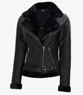Women's Black Asymmetrical Shearling Leather Jacket