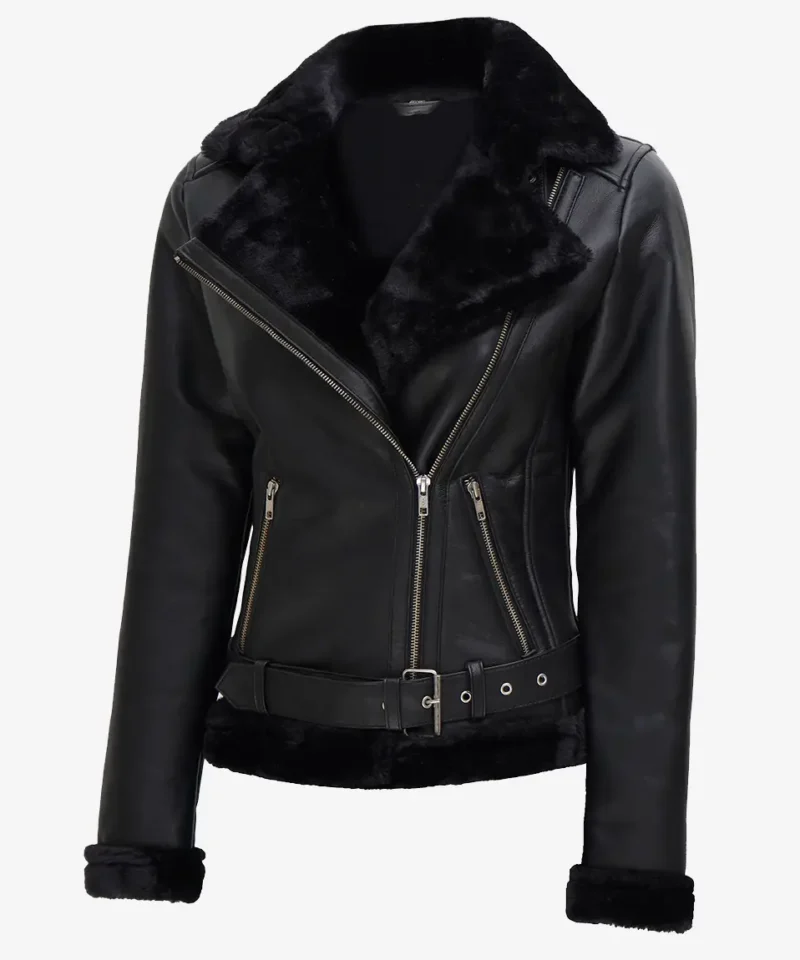 Women's Black Asymmetrical Shearling Leather Jacket