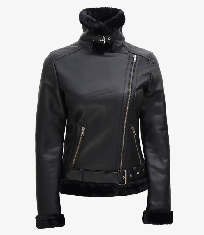 Women's Black Asymmetrical Shearling Leather Jacket
