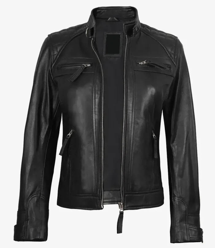 Women's Black Leather Cafe Racer Jacket Quilted Shoulder
