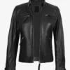 Women's Black Leather Cafe Racer Jacket Quilted Shoulder