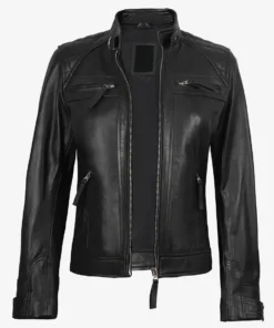 Women's Black Leather Cafe Racer Jacket Quilted Shoulder