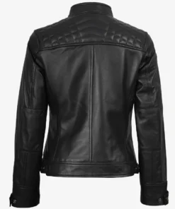 Women's Black Leather Cafe Racer Jacket Quilted Shoulder
