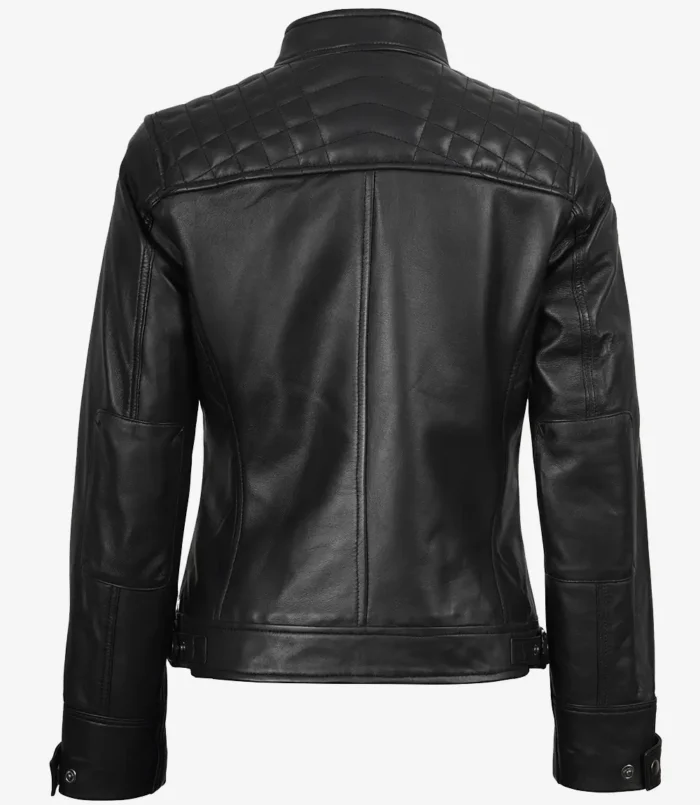 Women's Black Leather Cafe Racer Jacket Quilted Shoulder