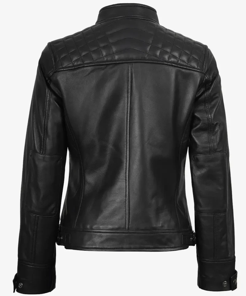 Women's Black Leather Cafe Racer Jacket Quilted Shoulder