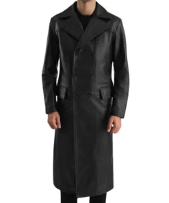 Men's Black Leather Double Breasted Coat