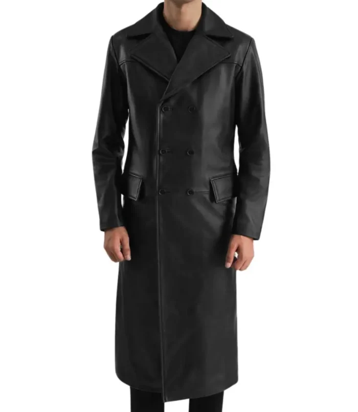 Men's Black Leather Double Breasted Coat