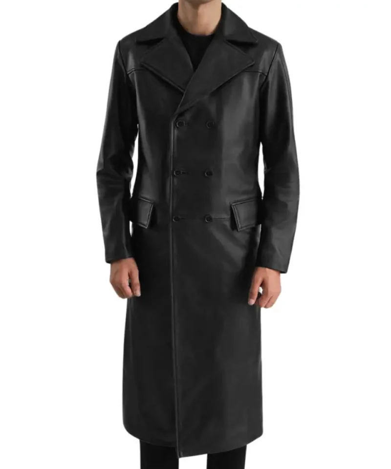 Men's Black Leather Double Breasted Coat
