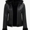 Women's Black Leather Hooded Shearling Jacket