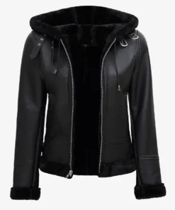 Women's Black Leather Hooded Shearling Jacket
