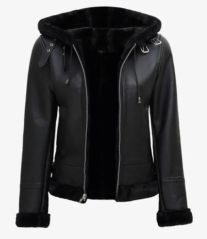 Women's Black Leather Hooded Shearling Jacket
