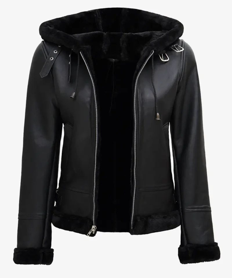 Women's Black Leather Hooded Shearling Jacket