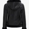 Women's Black Leather Hooded Shearling Jacket