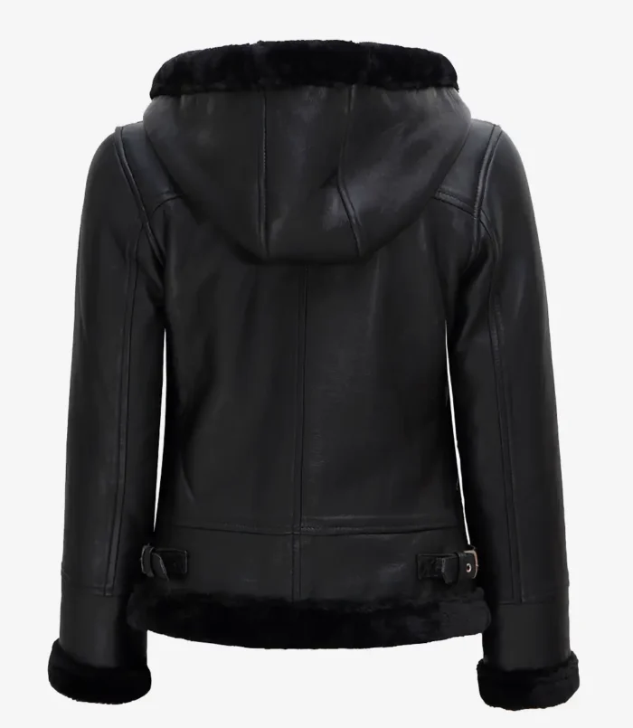 Women's Black Leather Hooded Shearling Jacket