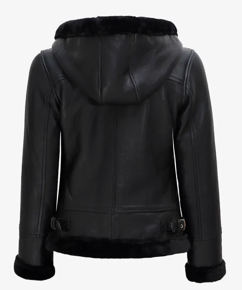 Women's Black Leather Hooded Shearling Jacket