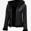 Women's Black Leather Hooded Shearling Jacket