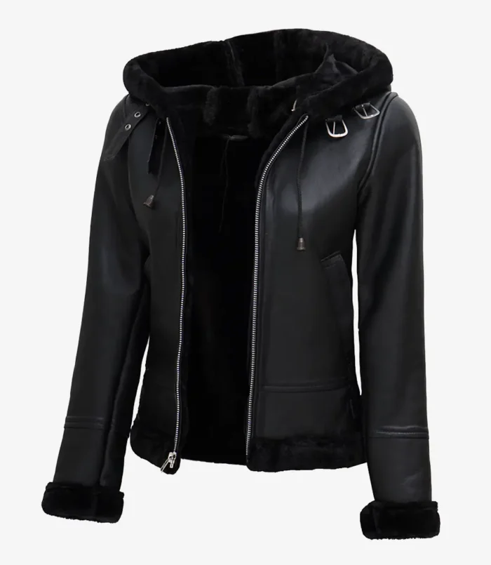 Women's Black Leather Hooded Shearling Jacket