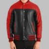 Men’s Black & Red Leather Bomber Jacket Sheepskin Varsity Style