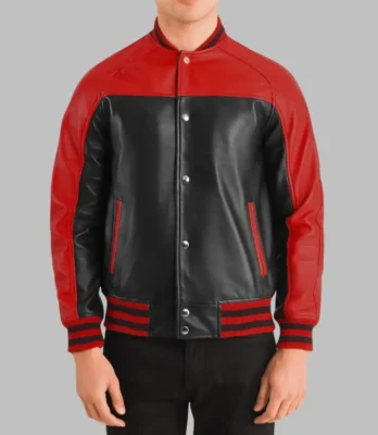 Men’s Black & Red Leather Bomber Jacket Sheepskin Varsity Style
