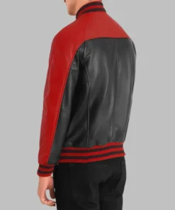 Men’s Black & Red Leather Bomber Jacket Sheepskin Varsity Style