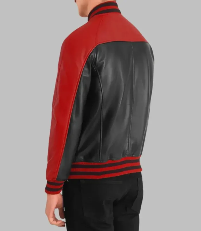 Men’s Black & Red Leather Bomber Jacket Sheepskin Varsity Style