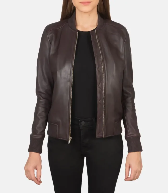 Women's Bliss Maroon Leather Bomber Jacket